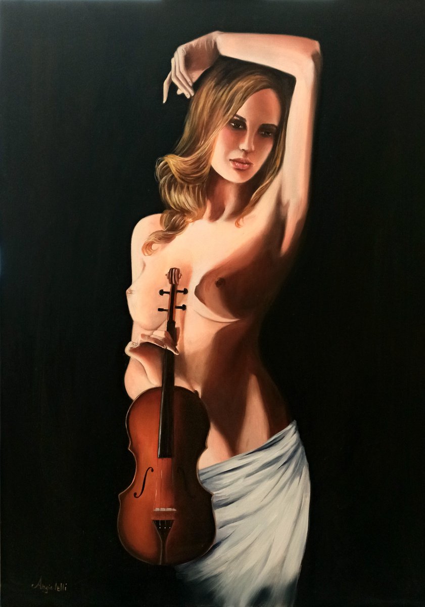 nude woman playing the violin